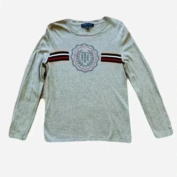 NWOT Women's Tommy Hilfiger Rhinestone Logo  Long Sleeve Crew Grey Size Medium - Picture 2 of 10